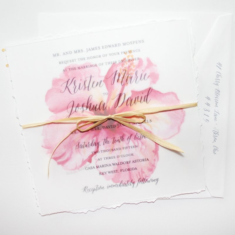 Watercolor tropical pink hibiscus floral custom handmade wedding invitations by artist Michelle Mospens. | Mospens Studio