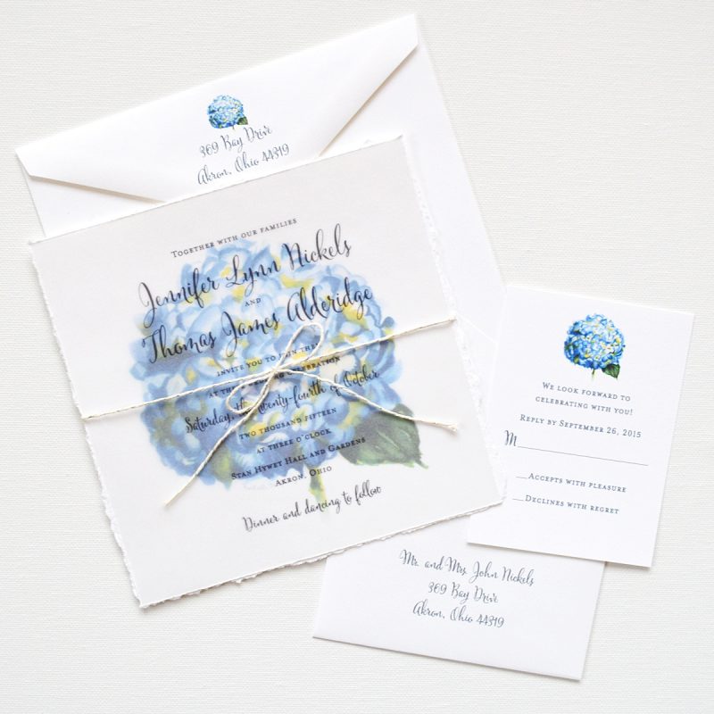 Watercolor hydrangea floral custom handmade wedding invitations by artist Michelle Mospens. | Mospens Studio