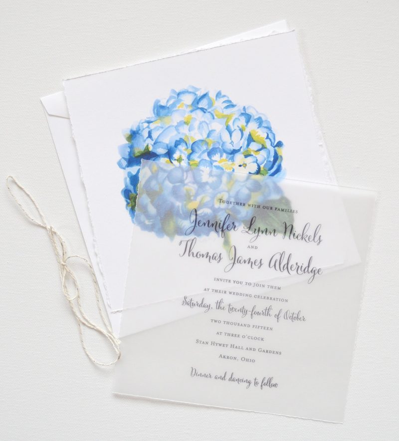 Watercolor hydrangea floral custom handmade wedding invitations by artist Michelle Mospens. | Mospens Studio