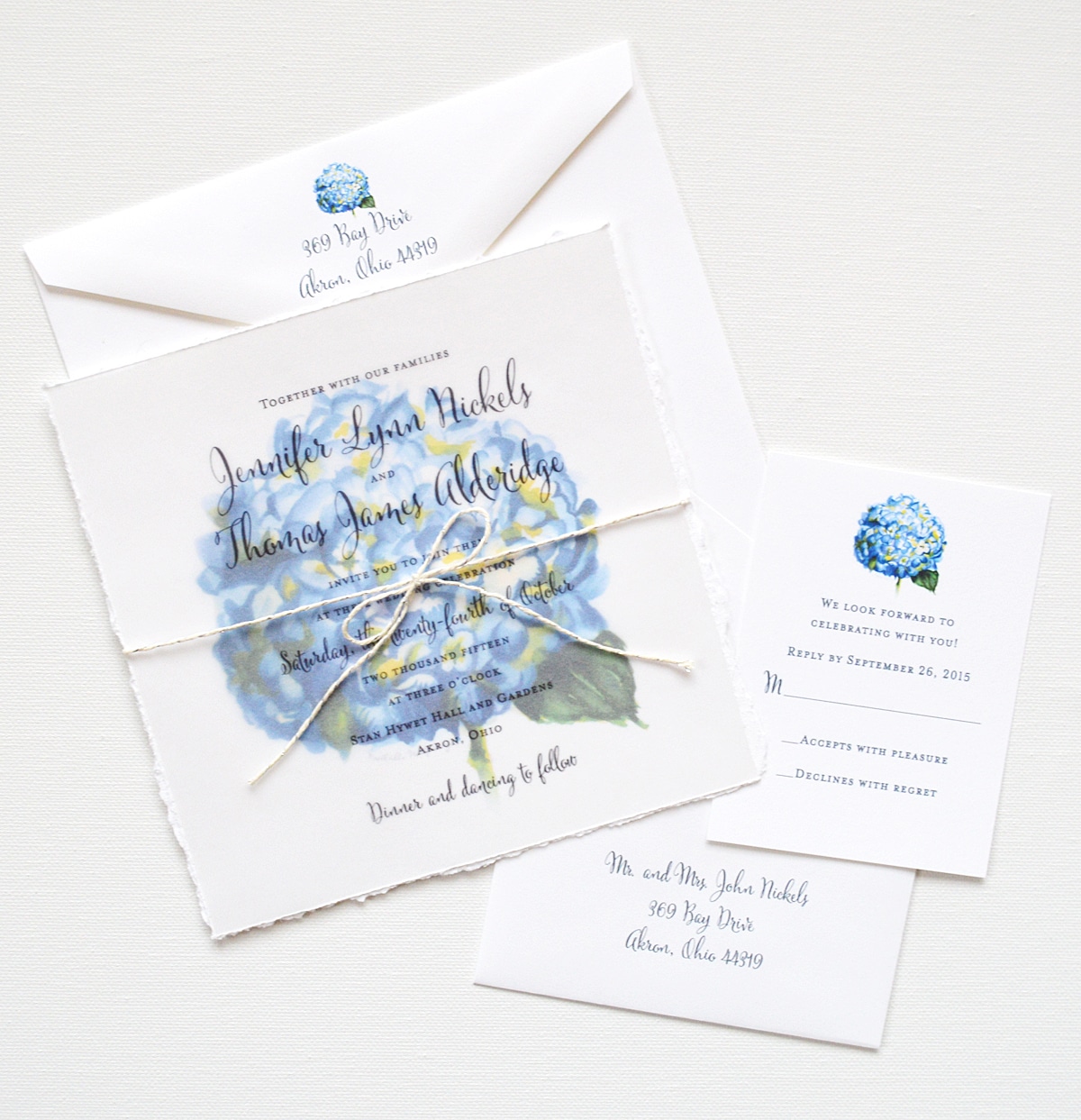 watercolor flowers wedding invitation blue hydrangea