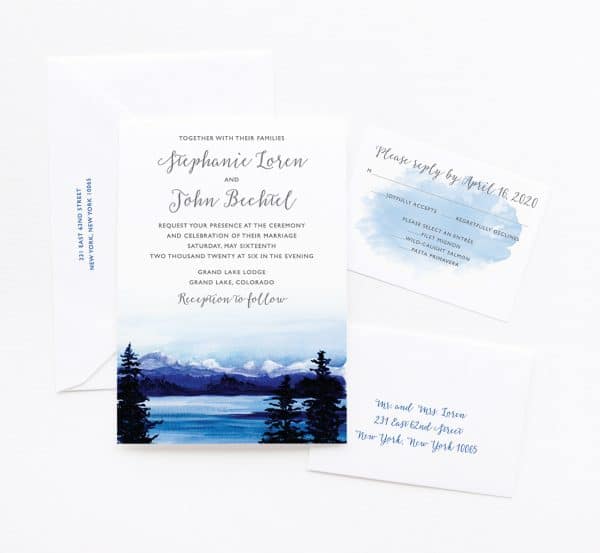 Watercolor Blue Mountain landscape custom wedding invitations by artist Michelle Mospens. | Mospens Studio