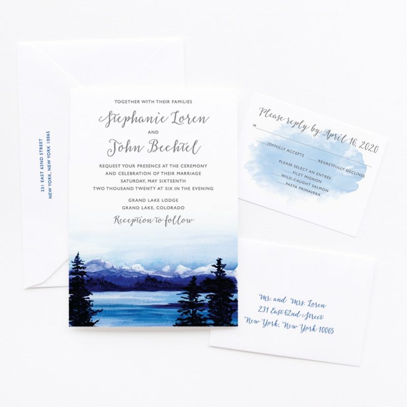 Watercolor Blue Mountain landscape custom wedding invitations by artist Michelle Mospens. | Mospens Studio