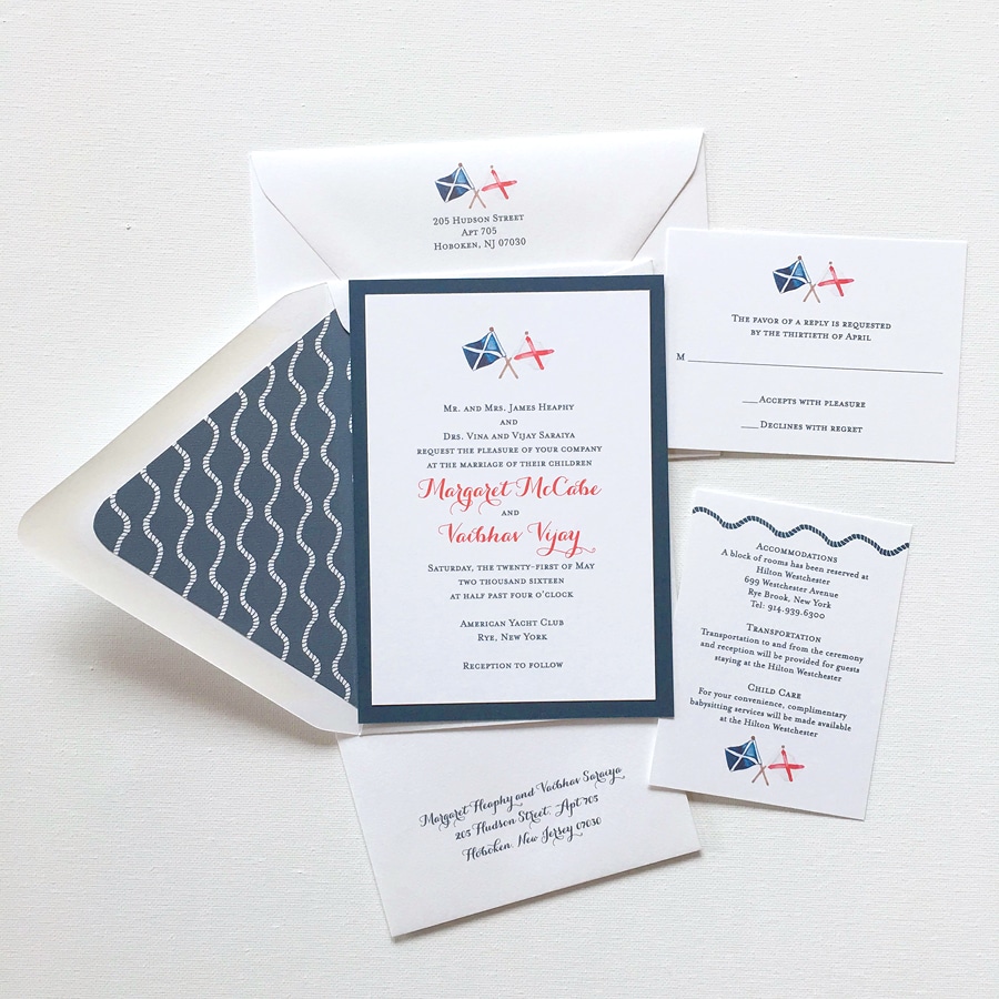 Hand painted nautical flags custom wedding invitation design by artist Michelle Mospens. | Mospens Studio