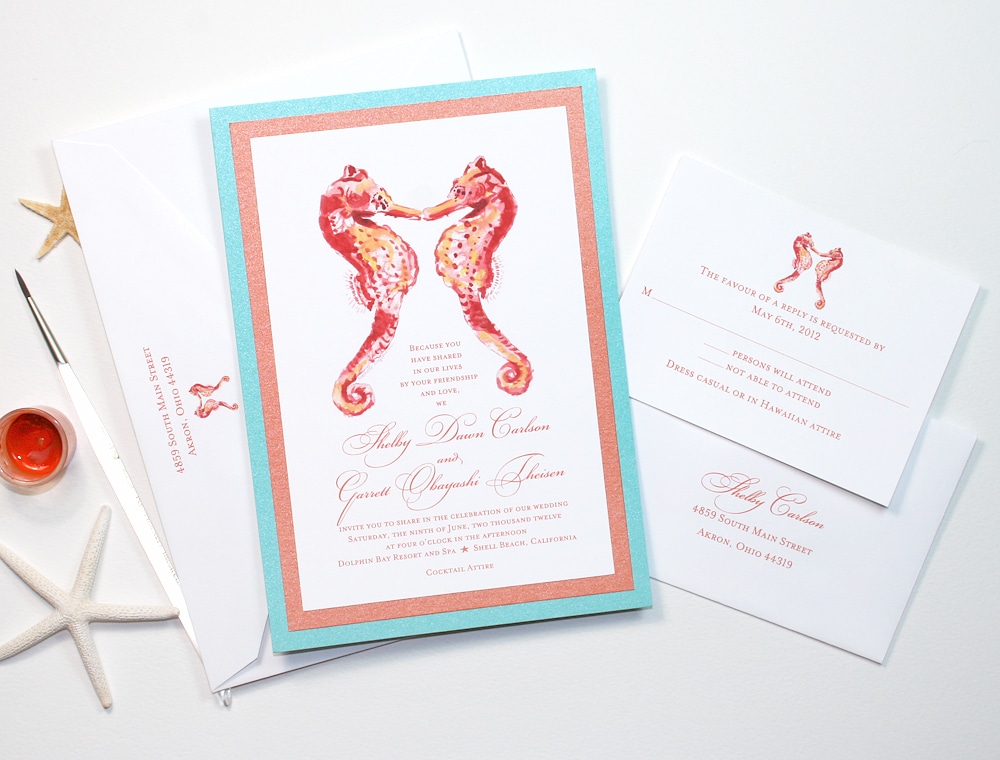 Watercolor Seahorses Custom Watercolor Wedding Invitations