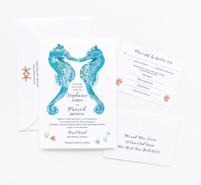 Watercolor Seahorses Wedding Crest custom wedding invitations by artist Michelle Mospens. | Mospens Studio