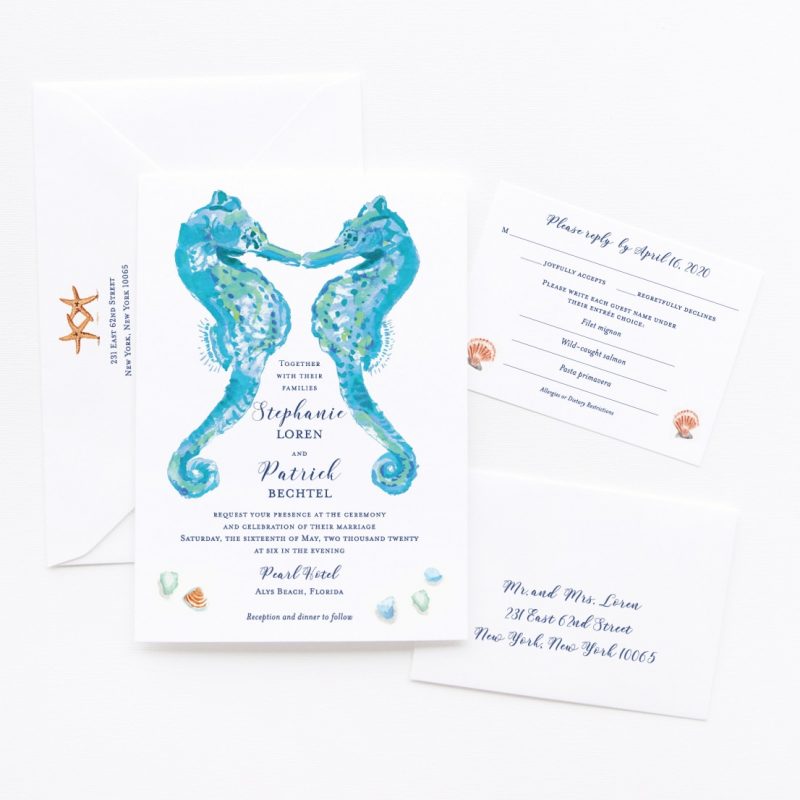 Watercolor Seahorses Wedding Crest custom wedding invitations by artist Michelle Mospens. | Mospens Studio