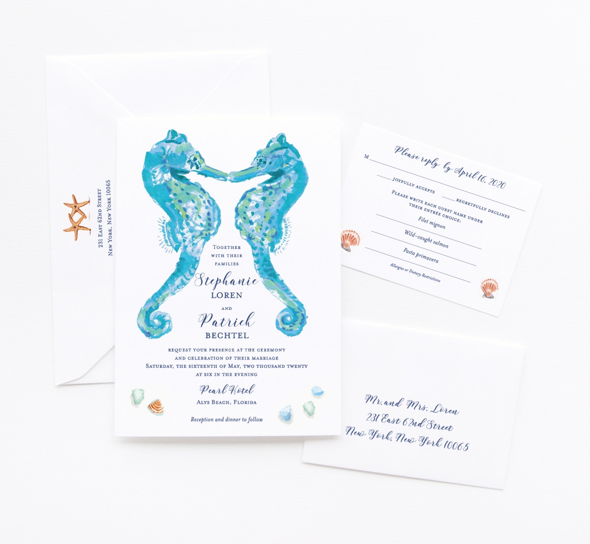 27 Sea-worthy Nautical Wedding Invitations. Watercolor Seahorses Wedding Crest custom wedding invitations by artist Michelle Mospens. | Mospens Studio