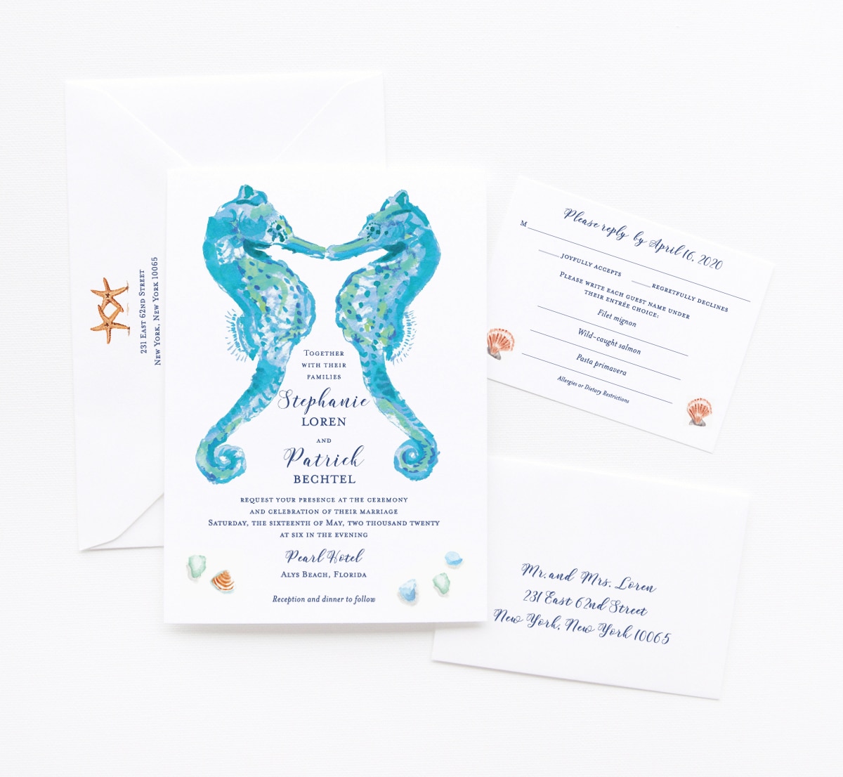 Beach Wedding Invitation  Sea Horses Laser cut Pull out folder