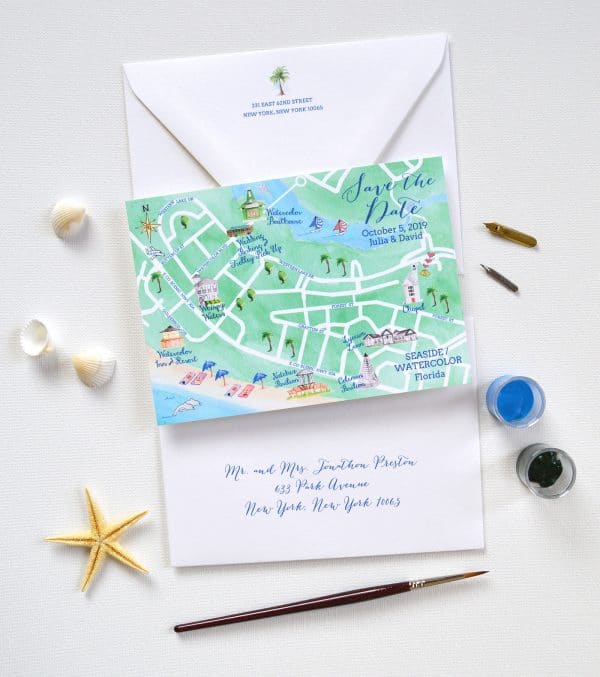 Watercolor Seaside Florida save the date map by artist Michelle Mospens. | Mospens Studio