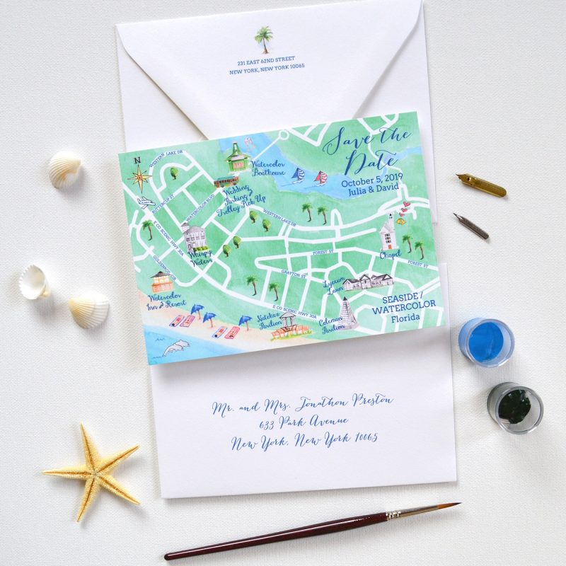 Watercolor Seaside Florida save the date map by artist Michelle Mospens. | Mospens Studio