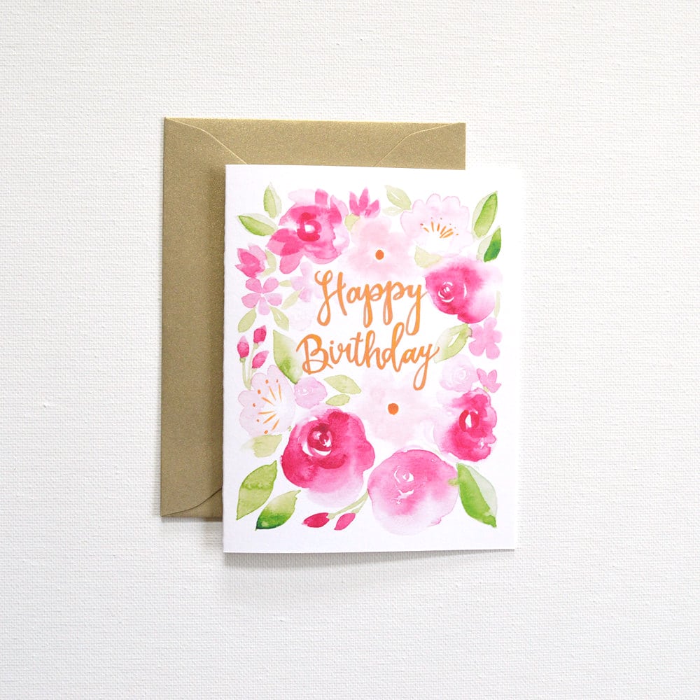 Pink Floral Birthday Card | Elegant & Custom Watercolor Wedding ...