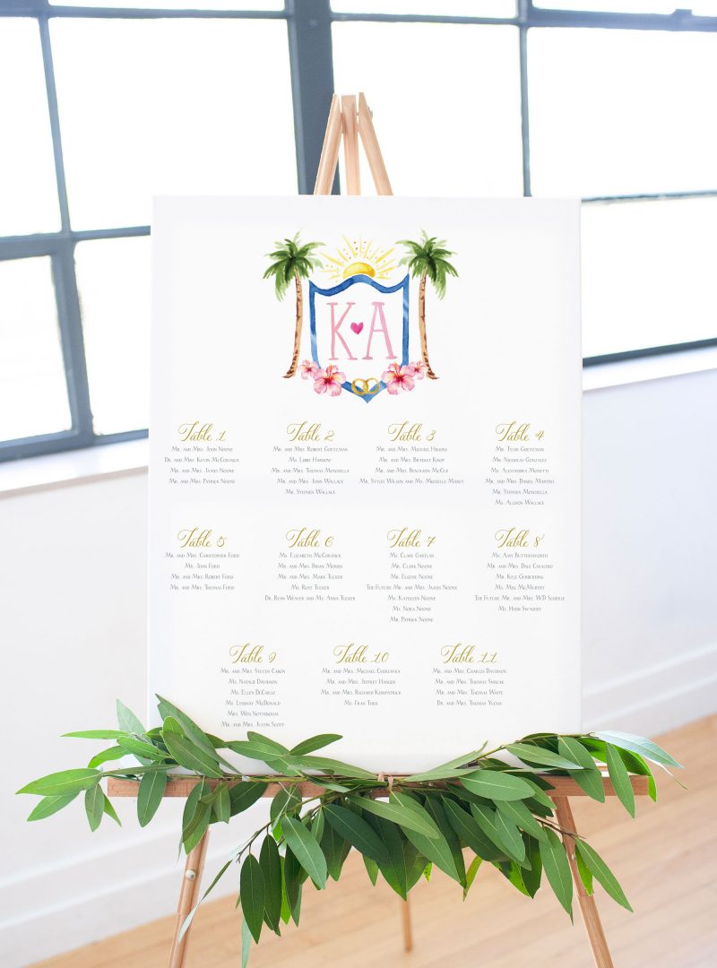 Tropical beach wedding crest seating placement chart poster. Mospens Studio