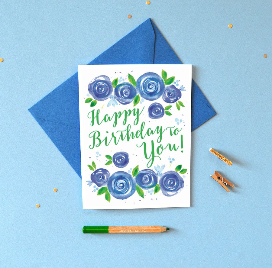Happy birthday card with blue rose blooms watercolor flowers by artist ...
