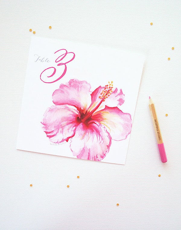 Watercolor tropical hibiscus flower wedding table cards by artist Michelle Mospens. | Mospens Studio