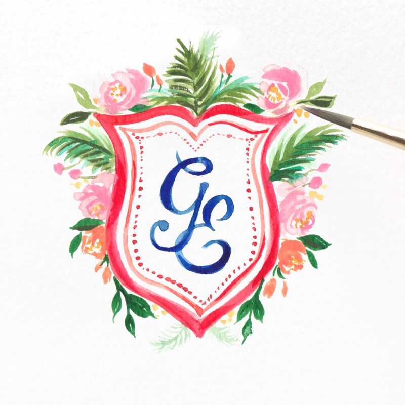 Hand painted custom watercolor Day Of Stationery wedding crest design by artist Michelle Mospens. | Mospens Studio