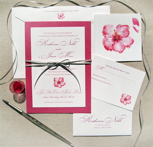 Floral hibiscus layered wedding invitations by artist Michelle Mospens. | Mospens Studio