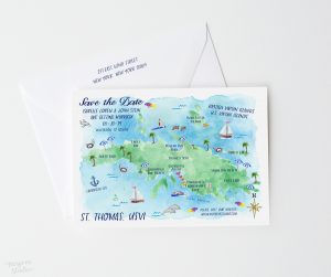 Watercolor St. Thomas USVI save the date map by artist Michelle Mospens. | Mospens Studio