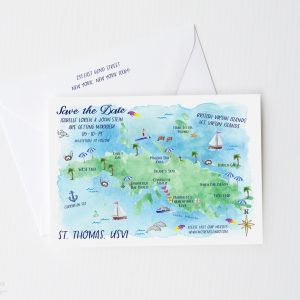 Watercolor St. Thomas USVI save the date map by artist Michelle Mospens. | Mospens Studio