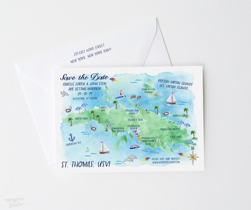 Watercolor St. Thomas USVI save the date map by artist Michelle Mospens. | Mospens Studio