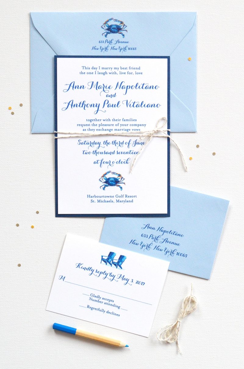 Watercolor blue crab nautical layered handmade wedding invitations by artist Michelle Mospens. | Mospens Studio