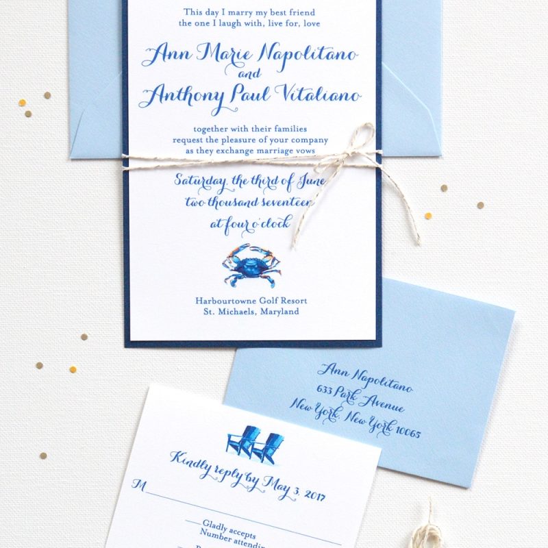 Watercolor blue crab nautical layered handmade wedding invitations by artist Michelle Mospens. | Mospens Studio