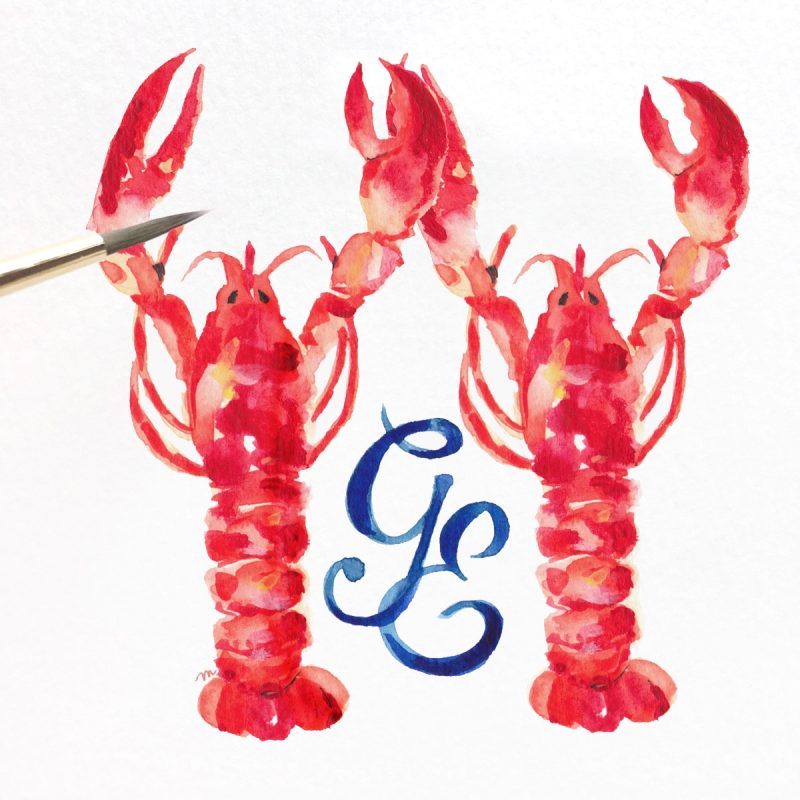 Hand painted lobsters wedding monogram. | Mospens Studio
