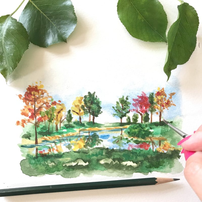 Hand painted fall landscape with autumn leaves and a serene pond by artist Michelle Mospens. | Mospens Studio
