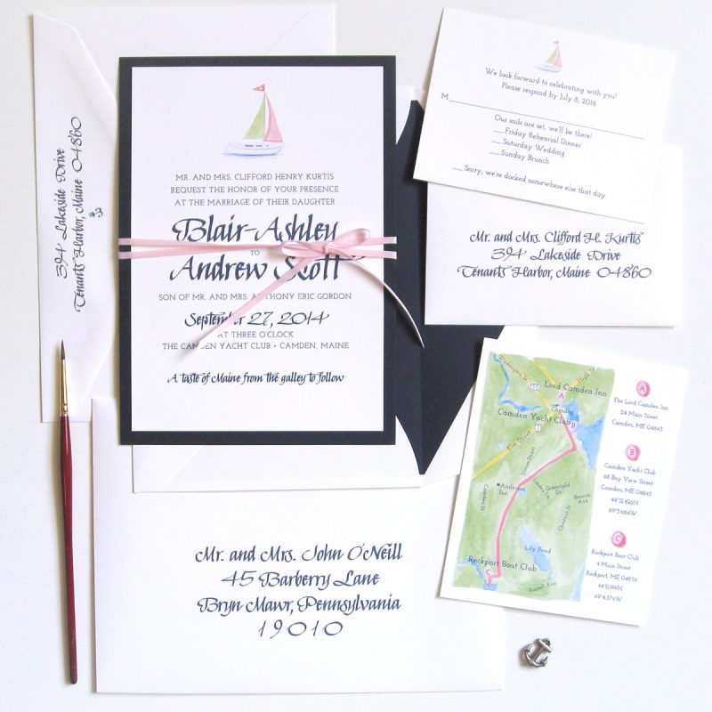 Watercolor sailboat nautical layered handmade wedding invitations by artist Michelle Mospens. | Mospens Studio