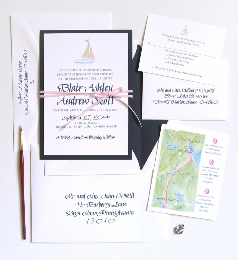 Watercolor sailboat nautical layered handmade wedding invitations by artist Michelle Mospens. | Mospens Studio