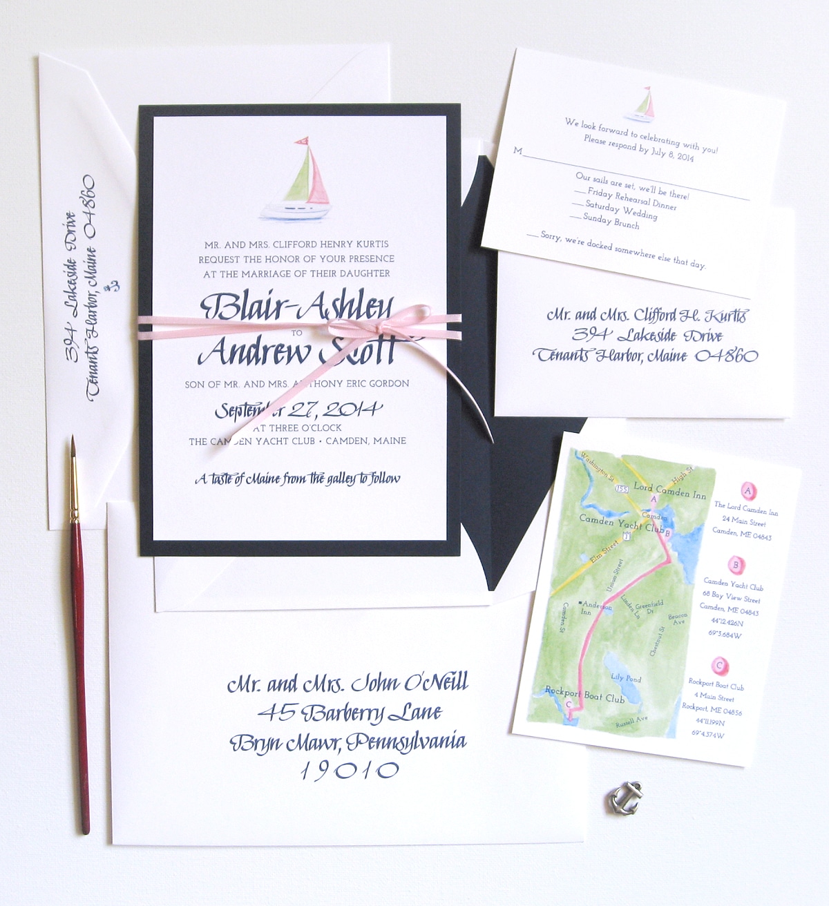 27 Sea-worthy Nautical Wedding Invitations. Watercolor sailboat nautical layered handmade wedding invitations by artist Michelle Mospens. | Mospens Studio