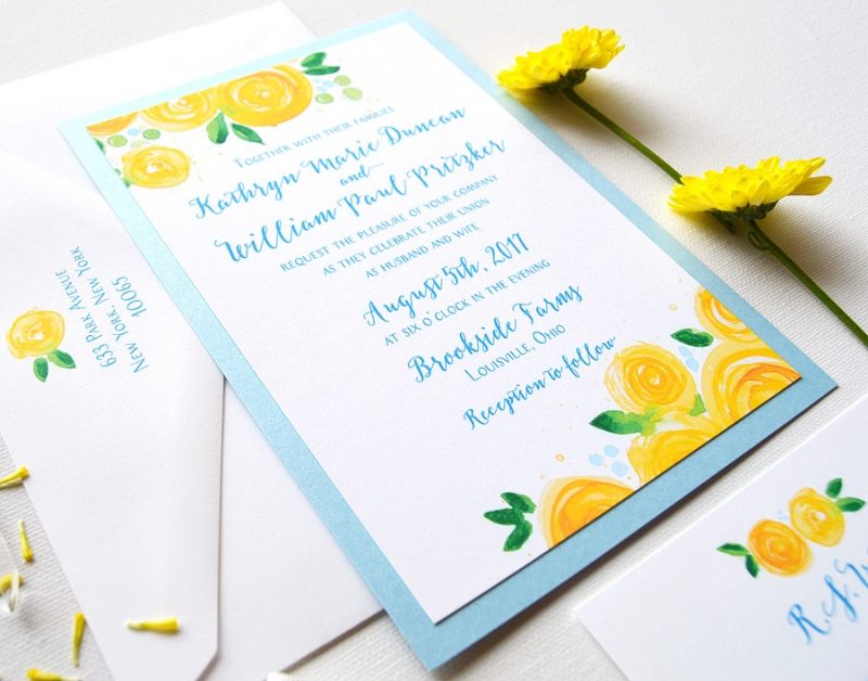 Watercolor Yellow Rose Blooms floral layered custom wedding invitations by artist Michelle Mospens. | Mospens Studio