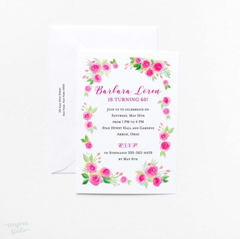 Watercolor Dainty Roses floral wreath party invitations by artist Michelle Mospens. | Mospens Studio