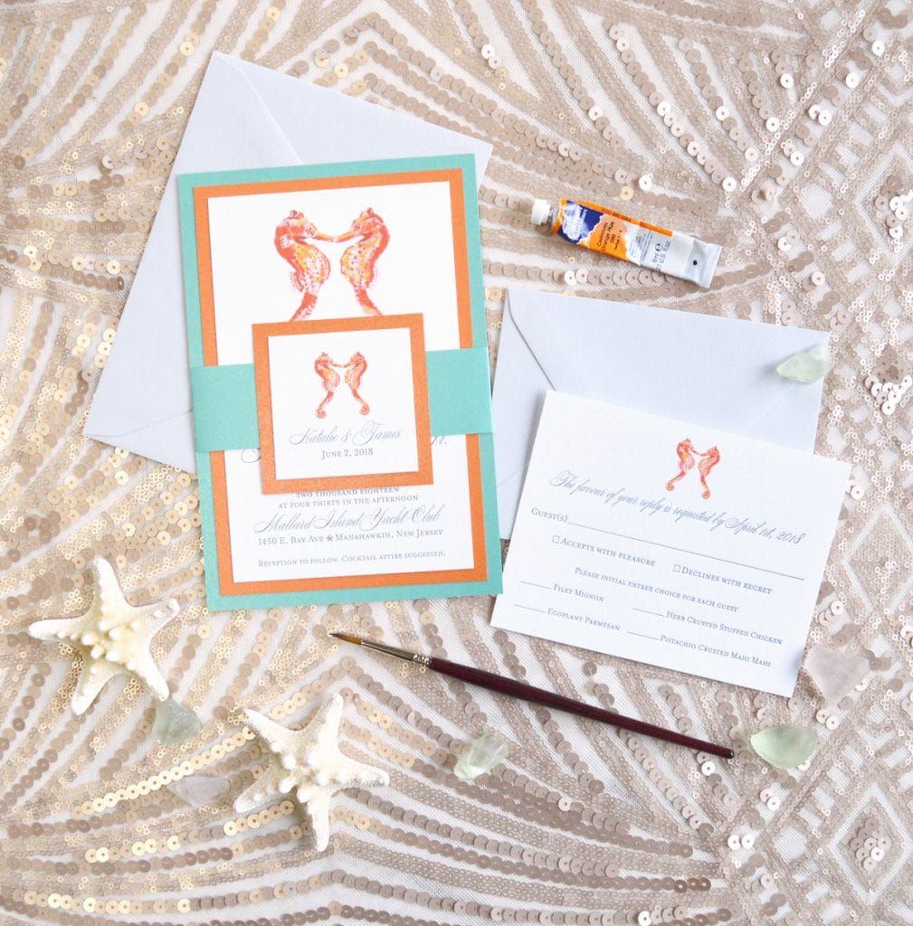 Watercolor seahorses and letterpress beach wedding invitations by artist Michelle Mospens. - Mospens Studio