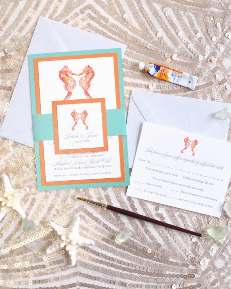 Watercolor seahorses and letterpress beach wedding invitations by artist Michelle Mospens. - Mospens Studio