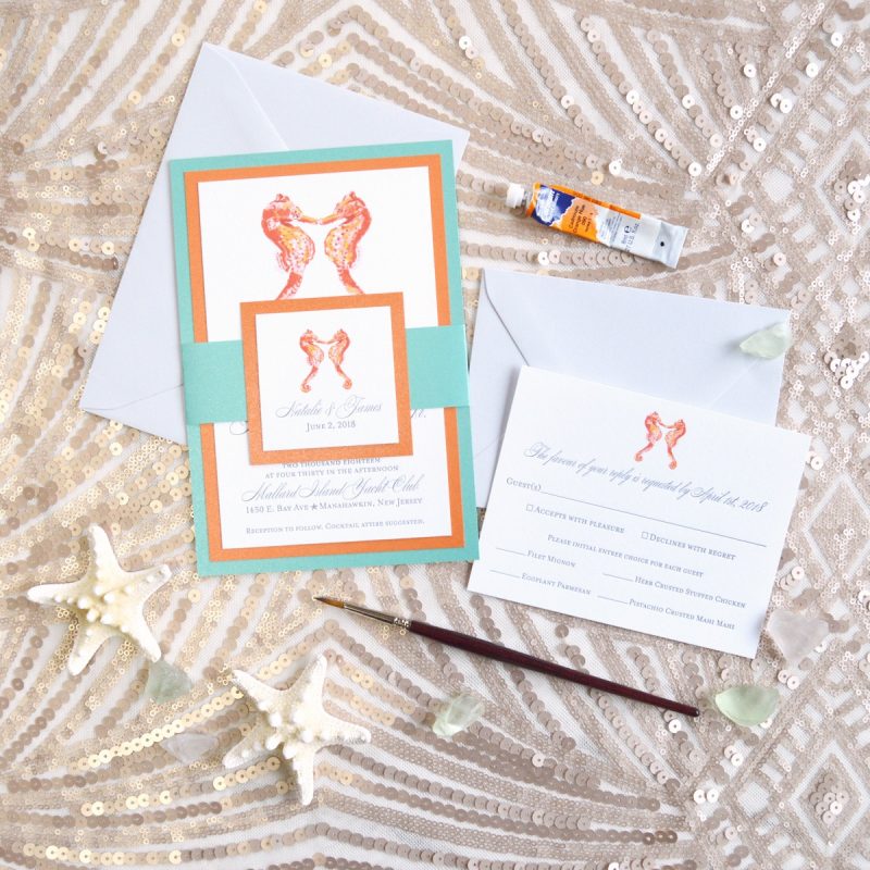 Watercolor seahorses and letterpress beach wedding invitations by artist Michelle Mospens. - Mospens Studio