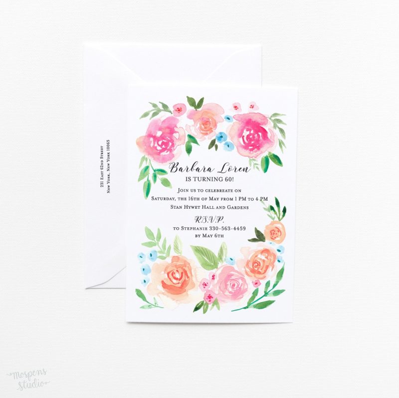 Watercolor spring floral wreath party invitations by artist Michelle Mospens. | Mospens Studio