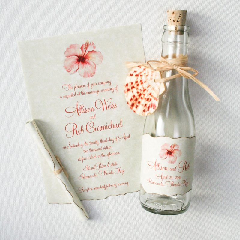 Tropical Message beach wedding invitations in a bottle by Mospens Studio. 100% original art by Michelle Mospens.