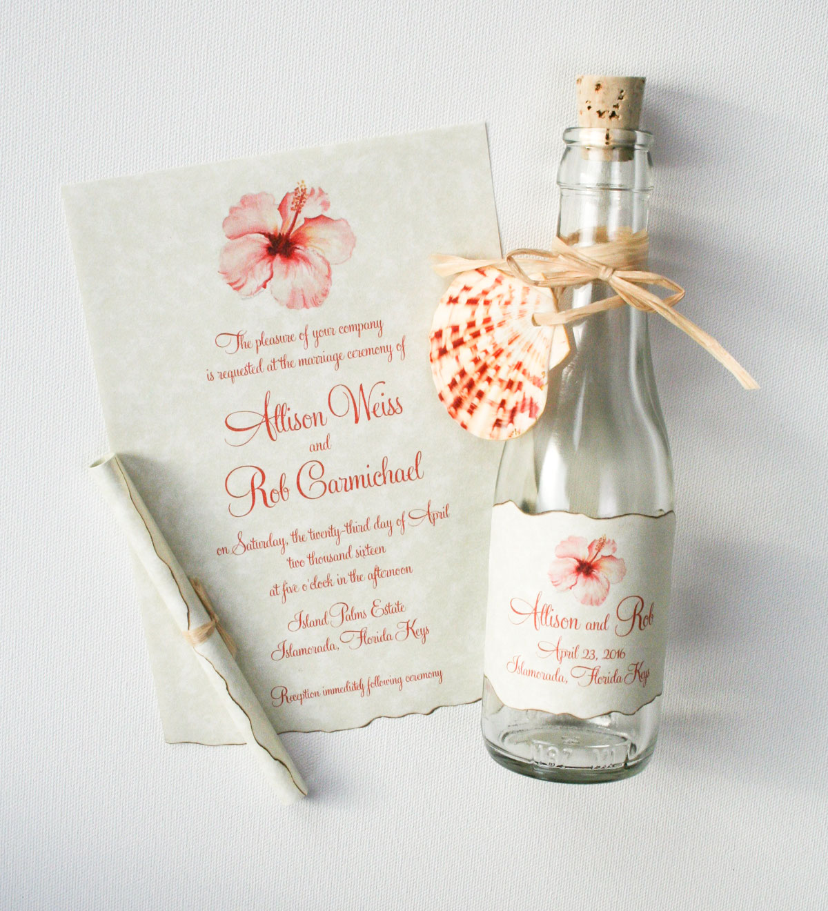 Tropical Message beach wedding invitations in a bottle by Mospens Studio. 100% original art by Michelle Mospens.