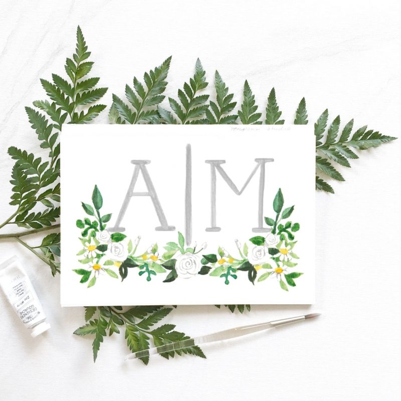 Custom hand-painted wedding logo monogram by artist Michelle Mospens. | Mospens Studio