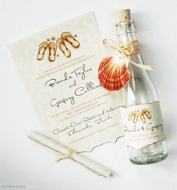 Beach Wedding Invitations Flip Flops Gl Bottles