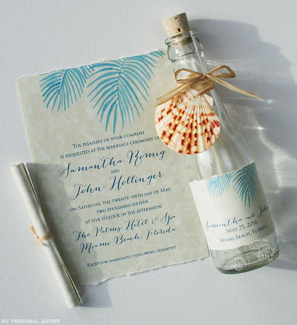 Beach Wedding Invitations Painted Palm Fronds Glass Bottles