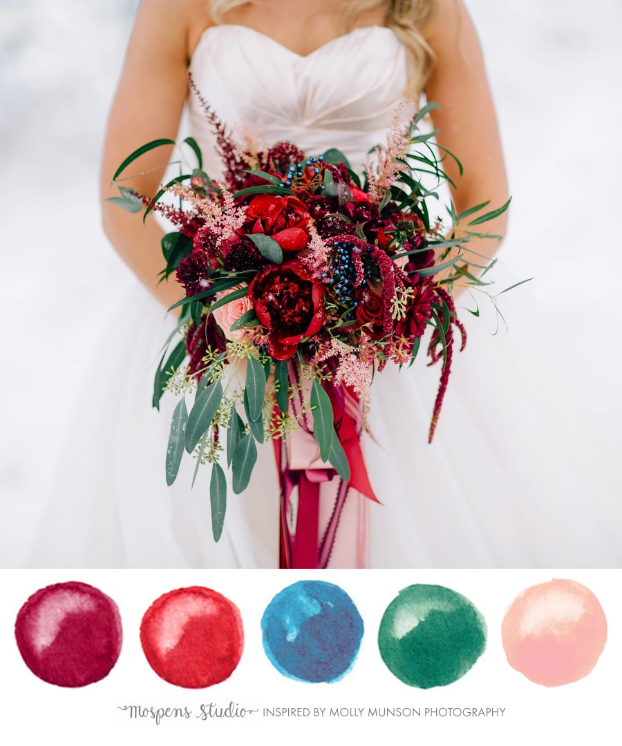 Burgundy red is perfect for fall and winter weddings. The rich red hues paired with dusty navy blue and blush pink peach caught my eye! The dark sage green makes this wedding color palette luxurious. This color palette works perfectly with gray, gold, silver and dark brown.