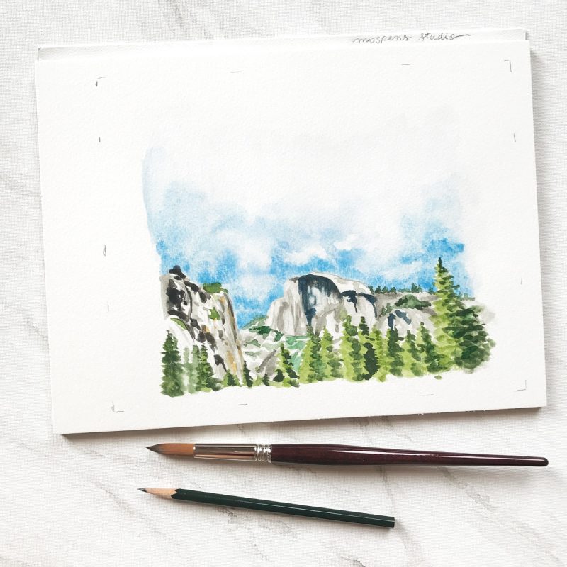 Hand-painted half dome mountains watercolor art by Michelle Mospens. Illustrated for a Yosemite National Park wedding in California.