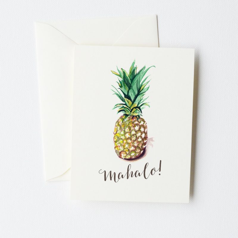 Watercolor Hawaiian pineapple "Mahalo!" thank you cards by artist Michelle Mospens. | Mospens Studio