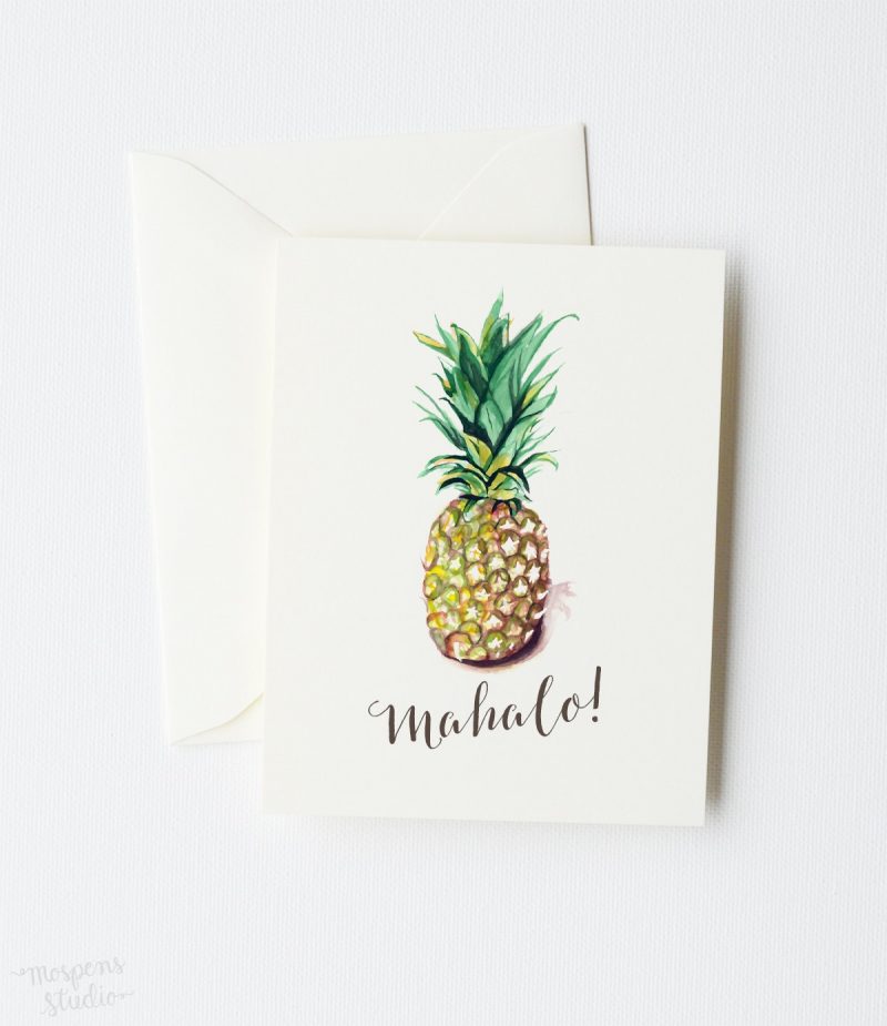 Watercolor Hawaiian pineapple "Mahalo!" thank you cards by artist Michelle Mospens. | Mospens Studio