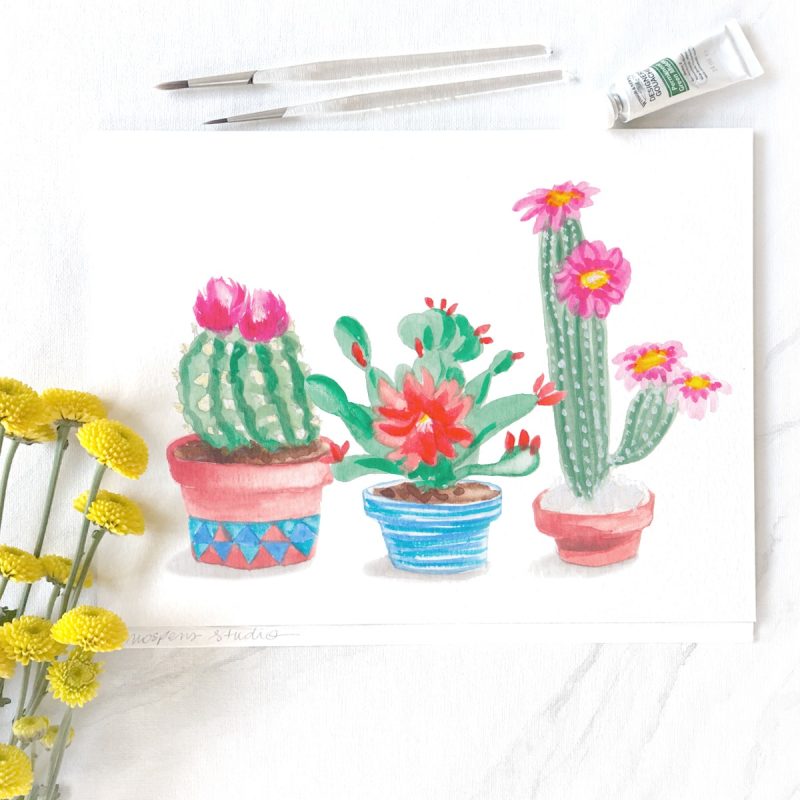 Watercolor cactus for a desert wedding by artist Michelle Mospens. | Mospens Studio