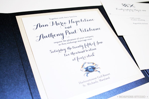 Blue crab wedding invitation suite by artist Michelle Mospens. | Mospens Studio