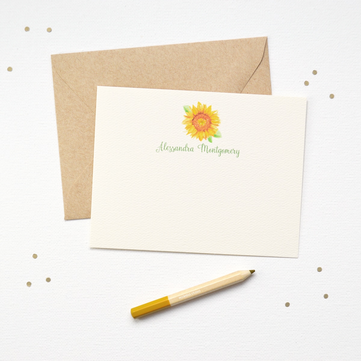 Watercolor floral sunflower personalized stationery note cards set. 100% original art by artist Michelle Mospens. | Mospens Studio