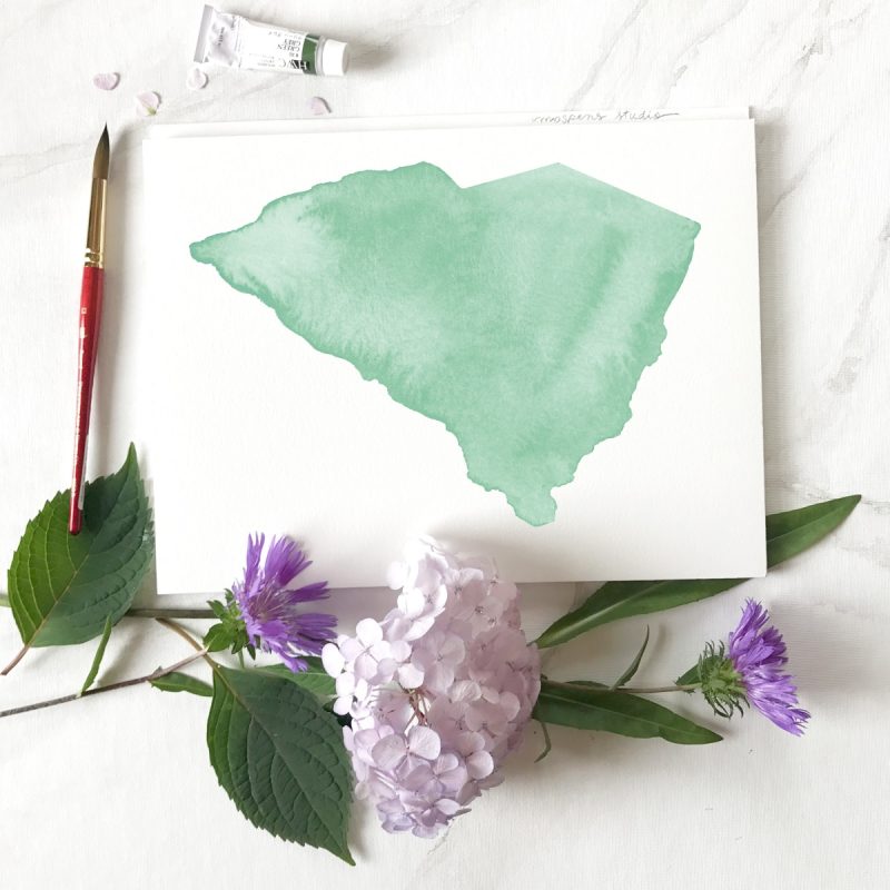 Hand painted watercolor state of South Carolina save the date card art. By artist Michelle Mospens. | Mospens Studio