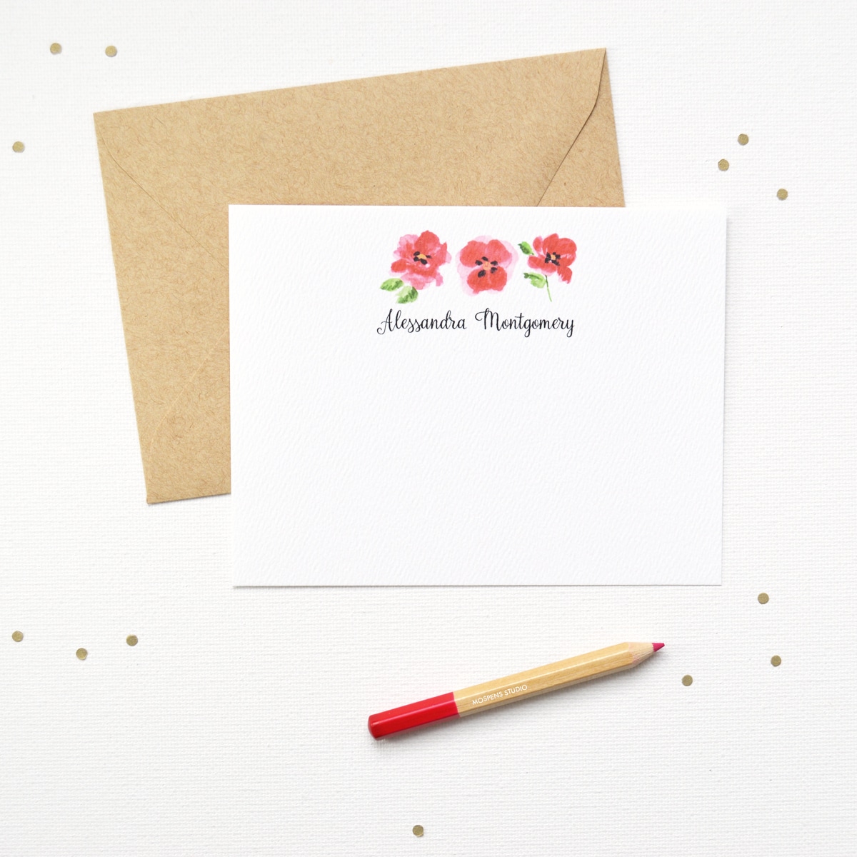 Watercolor floral red poppy flowers personalized stationery note cards set. 100% original art by artist Michelle Mospens. | Mospens Studio